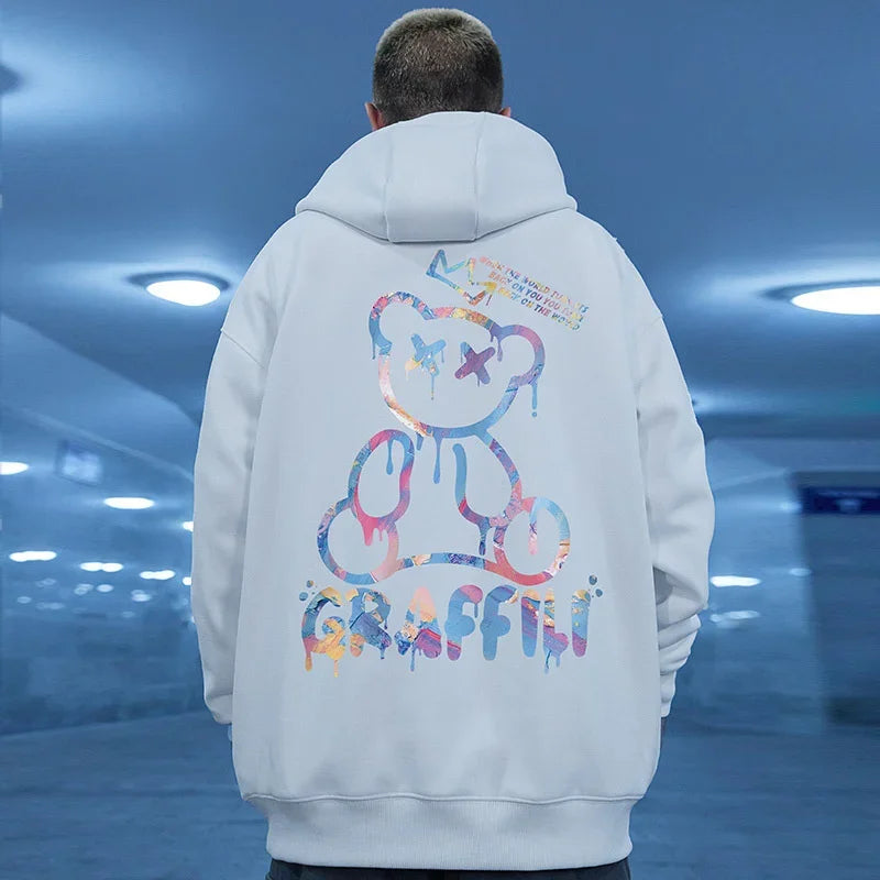 Street Graffiti Bear Print Fleece Hoodie