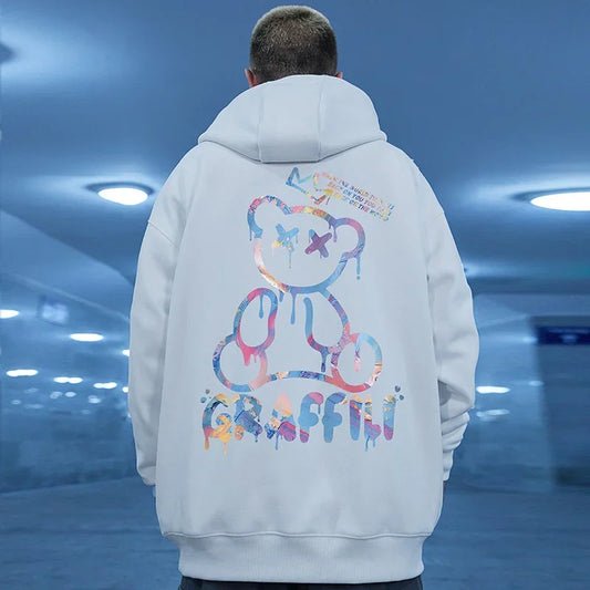 Street Graffiti Bear Print Fleece Hoodie