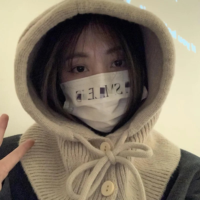 Kawai Cool Girls Style Korean Autumn Winter Women's Warming Comfortable Hat Fashion Scarf One Knitted Ear-protection Woolen Hats
