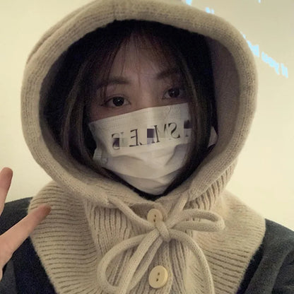 Kawai Cool Girls Style Korean Autumn Winter Women's Warming Comfortable Hat Fashion Scarf One Knitted Ear-protection Woolen Hats