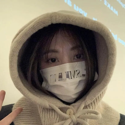Kawai Cool Girls Style Korean Autumn Winter Women's Warming Comfortable Hat Fashion Scarf One Knitted Ear-protection Woolen Hats