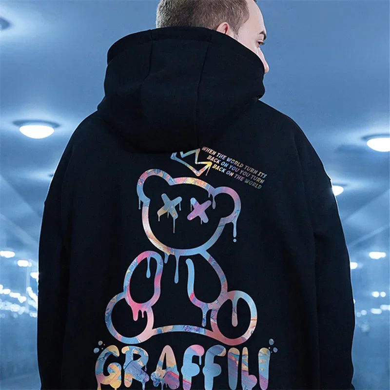 Street Graffiti Bear Print Fleece Hoodie