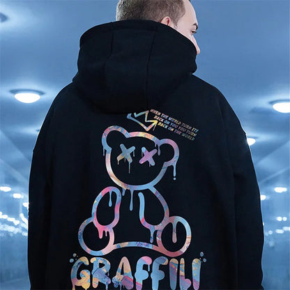 Street Graffiti Bear Print Fleece Hoodie