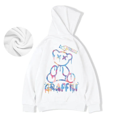 Street Graffiti Bear Print Fleece Hoodie