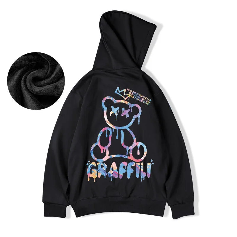Street Graffiti Bear Print Fleece Hoodie