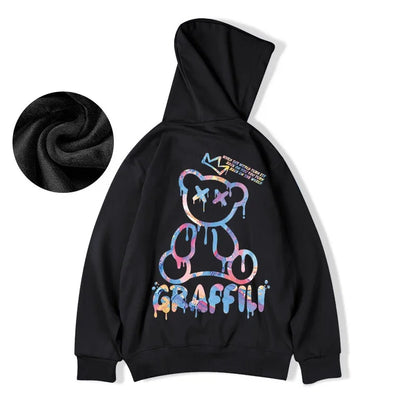Street Graffiti Bear Print Fleece Hoodie